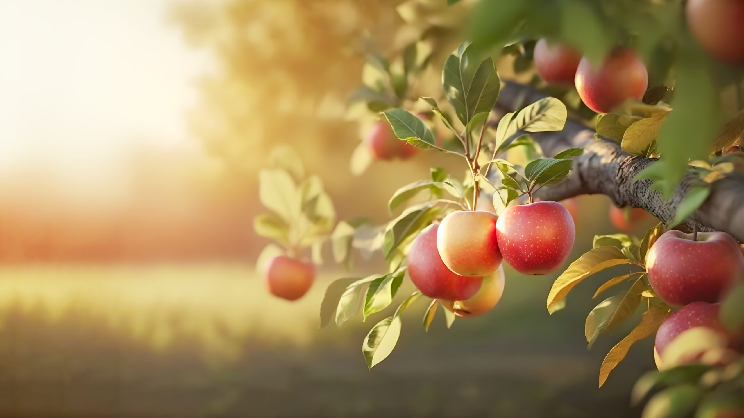 Fruit farm with apple trees. Branch with natural apples on blurr