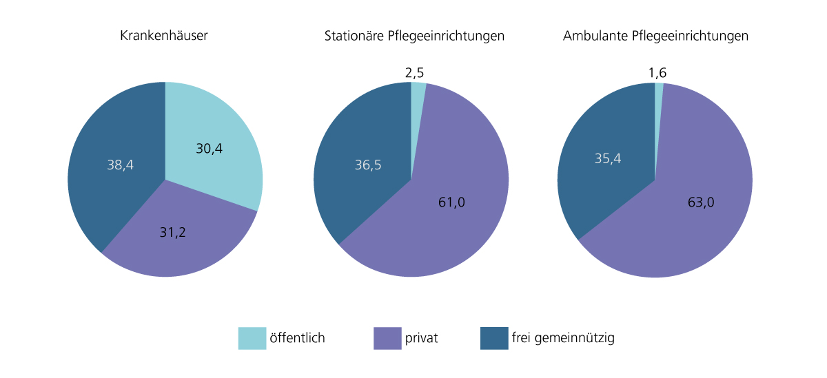 Die im Rahmen der generalisierten Pflegeausbildung ausbildenden niedersächsischen Krankenhäuser waren 2022 zu 30,4% in öffentlicher, zu 31,2% in privater und zu 38,4% in frei gemeinnütziger Trägerschaft. Bei den stationären Pflegeeinrichtungen waren zu 2,5% in öffentlicher, zu 61,0% in privater und zu 36,5% in frei gemeinnütziger Trägerschaft. Die im Rahmen der generalisierten Pflegeausbildung ausbildenden niedersächsischen ambulanten Pflegeeinrichtungen waren 2022 zu 1,6% in öffentlicher, zu 63,0% in privater und zu 34,4% in frei gemeinnütziger Trägerschaft.