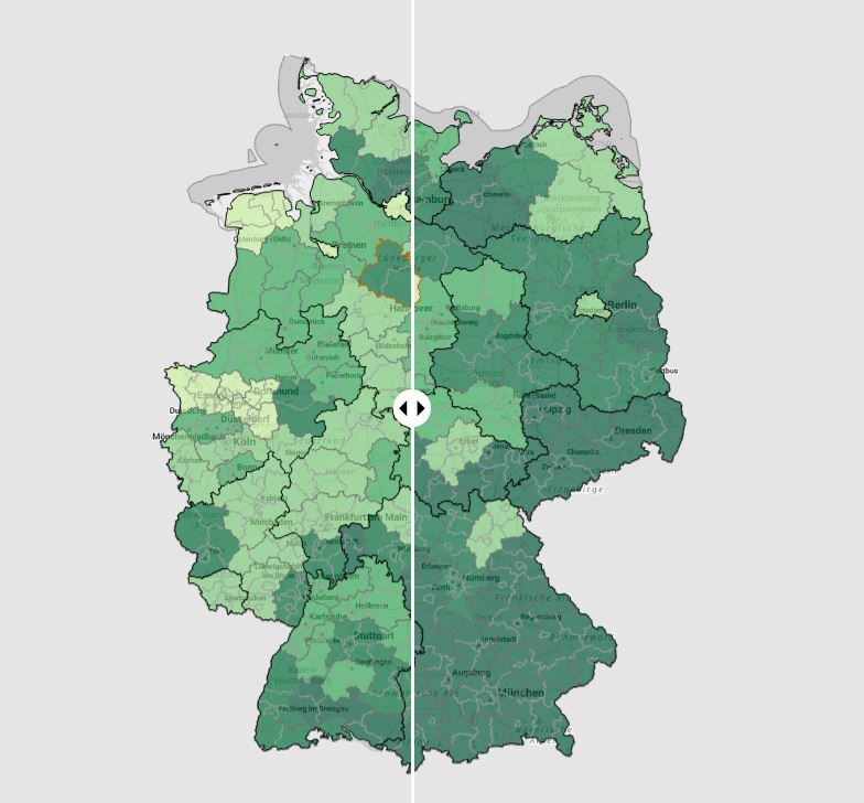 Kartenansicht: Regionale Erwerbstätigenquote von Vätern 2022 und 1997 im Vergleich.