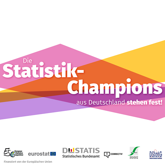 "Die Statistik-Champions aus Deutschland stehen fest"-Schriftzug auf buntem Hintergrund von sich überschniedenden Parallelogrammen. Logos von ESC, Eurostat, Destatis, correctiv, DStatG, DAGSTAT