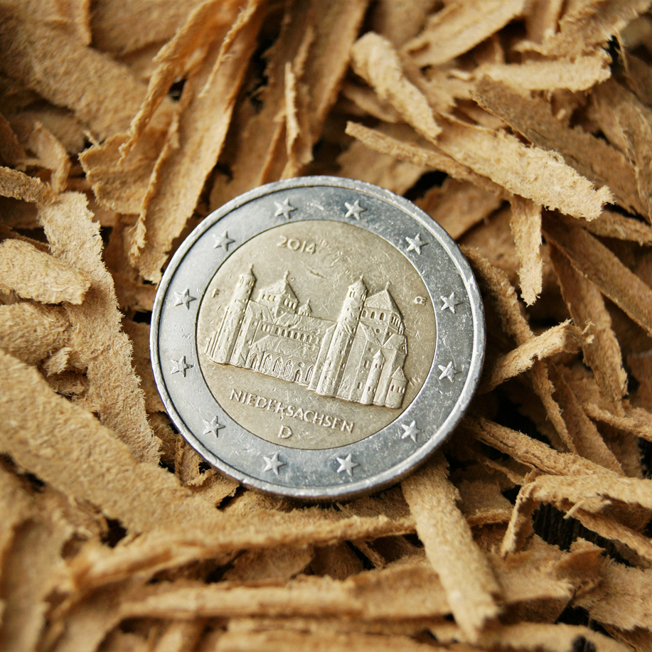 Eine Zwei-Euro-Münze liegt auf Holzspänen. Die Münze ist eine Sonderprägung und zeigt auf der Motivseite die Michaeliskirche in Hildesheim sowie den Schriftzug "Niedersachsen" und das Jahr 2014.