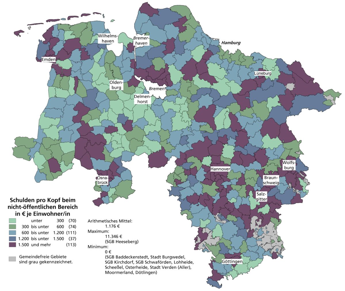 Die Abbildung A1 bildet die Verschuldung der Kernhaushalte der Gemeinden/Gemeindeverbände gegenüber dem nicht-öffentlichen Bereich in Niedersachsen am 31.12.2023 in einer Karte ab.