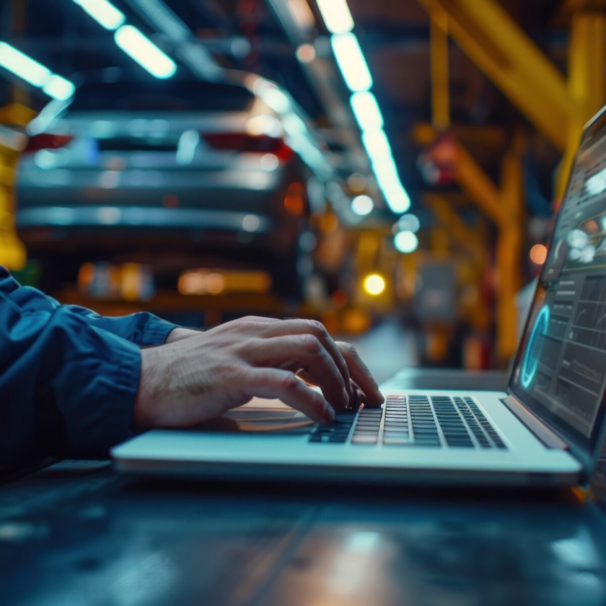 Mechaniker nutzt einen Laptop, im Hintergrund sieht man die Werkstatt.