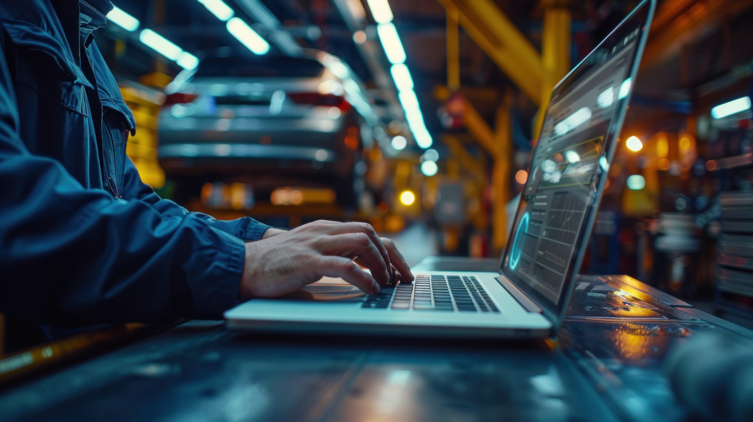 Mechaniker nutzt einen Laptop, im Hintergrund sieht man die Werkstatt.