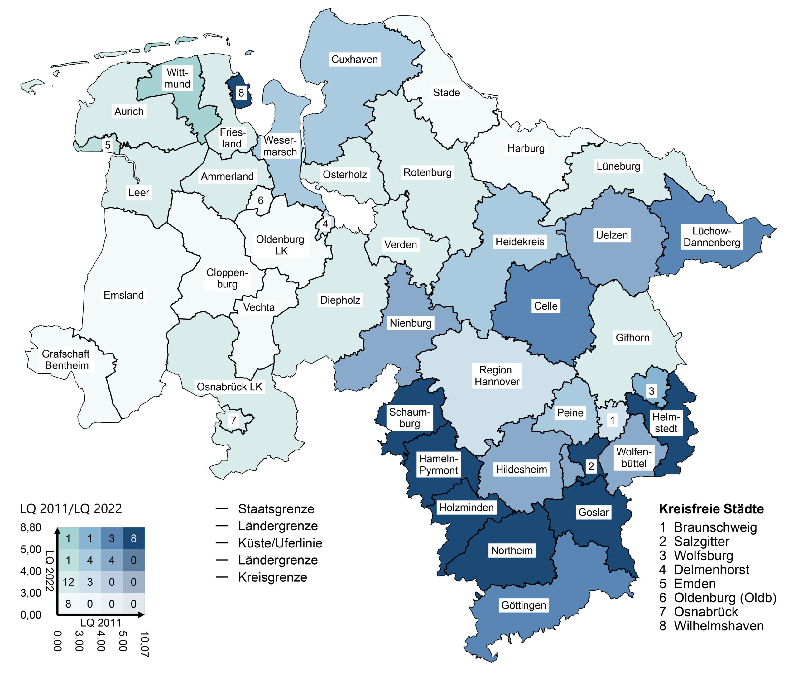 Die Karte 1 vergleicht die Leerstandsquoten niedersächsischer Kreise am 9.Mai 2011 und am 15. Mai 2022. Es gibt vier Größenklassen: Unter 3%, 3 bis 4%, 4 bis 5% und mehr als 5%. Gemeinsamkeiten der beiden Zensusrunden: 8 Landkreise und kreisfreie Städte hatten in beiden Zensusrunden eine Leerstandsquote von unter 3%. 3 der Landkreise hatten in beiden Zensusrunden eine Leerstandsquote von 3 bis 4%. 4 der Landkreise hatten eine hatten in beiden Zensusrunden eine Leerstandsquote von 4 bis 5% und 8 der Landkreise und kreisfreie Städte hatten in beiden Zensusrunden eine Leerstandsquote von mehr als 5%. Unterschiede vom 9.Mai 2011 auf den 15. Mai 2022: Bei 12 der Landkreise und kreisfreien Städte ist die Leerstandsquote von unter 3% auf 3 bis 4% gestiegen. Bei 4 der Landkreise und kreisfreien Städte ist die Leerstandsquote von 3 bis 4% auf 4 bis 5% gestiegen. Bei der 3 der Landkreise ist die Leerstandsquote von 4 bis 5% auf mehr als 5% gestiegen. Bei jeweils einem Landkreis ist die Leerstandsquote von unter 3% auf 4 bis 5% und auf mehr als 5% gestiegen. Bei einem Landkreis ist die Leerstandsquote von 3 bis 4% auf mehr als 5% gestiegen.