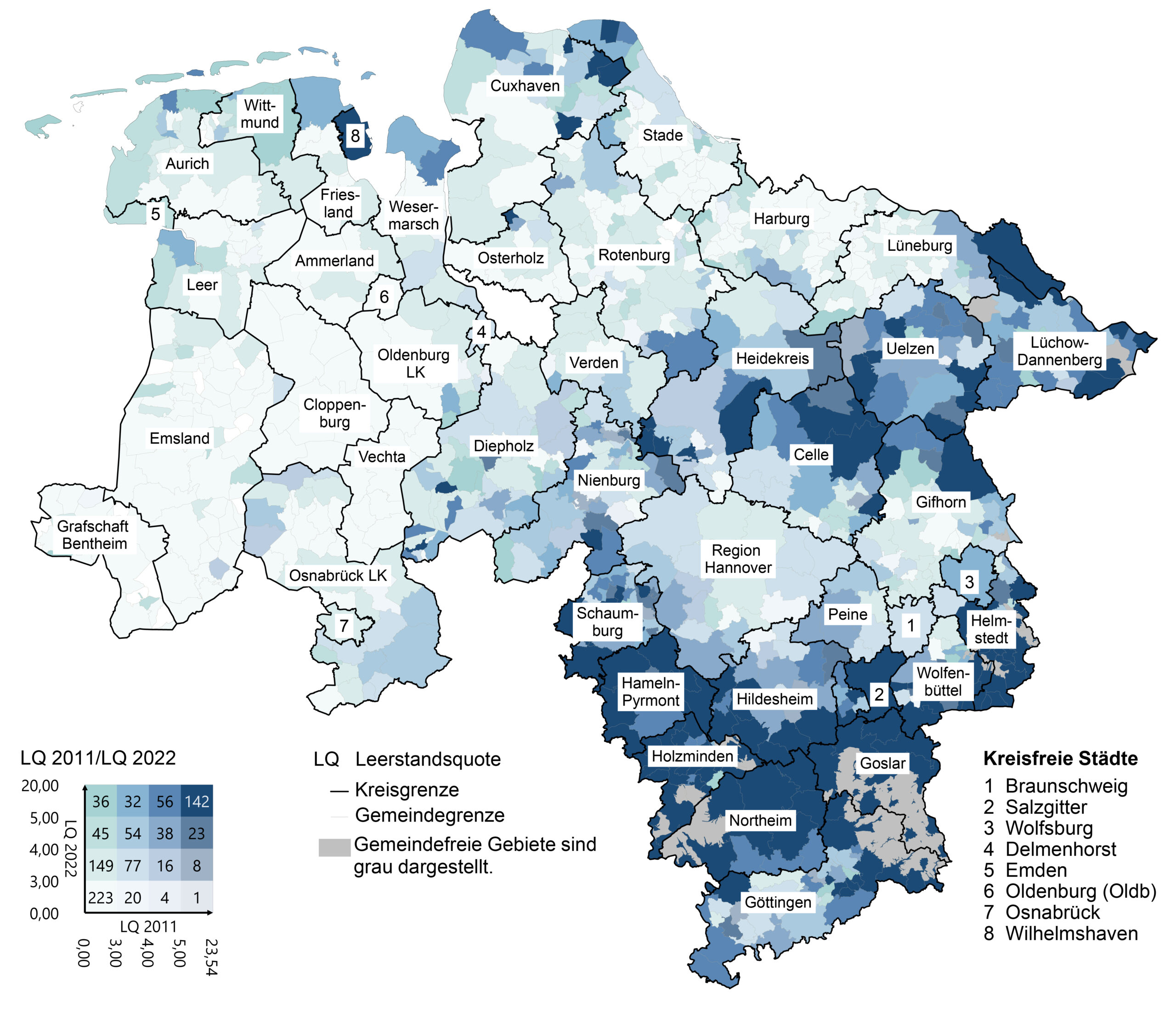 Die Karte 2 vergleicht die Leerstandsquoten niedersächsischer Gemeinden am 9.Mai 2011 und am 15. Mai 2022. Es gibt vier Größenklassen: Unter 3%, 3 bis 4%, 4 bis 5% und mehr als 5%. Gemeinsamkeiten der beiden Zensusrunden: 223 der Gemeinden hatten in beiden Zensusrunden eine Leerstandsquote von unter 3%. 77 der Gemeinden hatten in beiden Zensusrunden eine Leerstandsquote von 3 bis 4%. 38 der Gemeinden hatten eine hatten in beiden Zensusrunden eine Leerstandsquote von 4 bis 5% und 142 der Gemeinden hatten in beiden Zensusrunden eine Leerstandsquote von mehr als 5%. Unterschiede vom 9.Mai 2011 auf den 15. Mai 2022: Bei 149 der Gemeinden ist die Leerstandsquote von unter 3% auf 3 bis 4% gestiegen und bei 36 der Gemeinden auf mehr als 5%. Bei 99 der Gemeinden ist die Leerstandsquote auf 4 bis 5% gesunken. Bei der 56 der Gemeinden ist die Leerstandsquote von 4 bis 5% auf mehr als 5% gestiegen. Bei 32 der Gemeinden ist die Leerstandsquote von 3 bis 4% auf mehr als 5% gestiegen. Bei 25 der Gemeinden ist die Leerstandsquote auf unter 3% gesunken. Bei 20 Gemeinden von 3 bis 4%, bei 4 Gemeinden von 4 bis 5% und bei einer Gemeinde von mehr als 5%. Bei 26 Gemeinden ist die Leerstandsquote auf 3 bis 4% gesunken. Bei 16 der Gemeinden von 4 bis 5% und bei 8 Gemeinden von mehr als 5%. Bei 23 Gemeinden ist die Leerstandsquote von mehr als 5% auf 4 bis 5% gesunken.