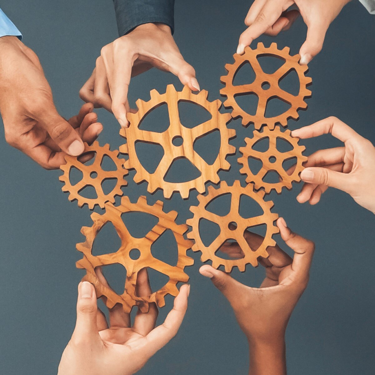 Hände verschiedenster Personen halten Holzzahnräder so aneinander, dass sie ein Ganzes ergeben, das sich drehen könnte.