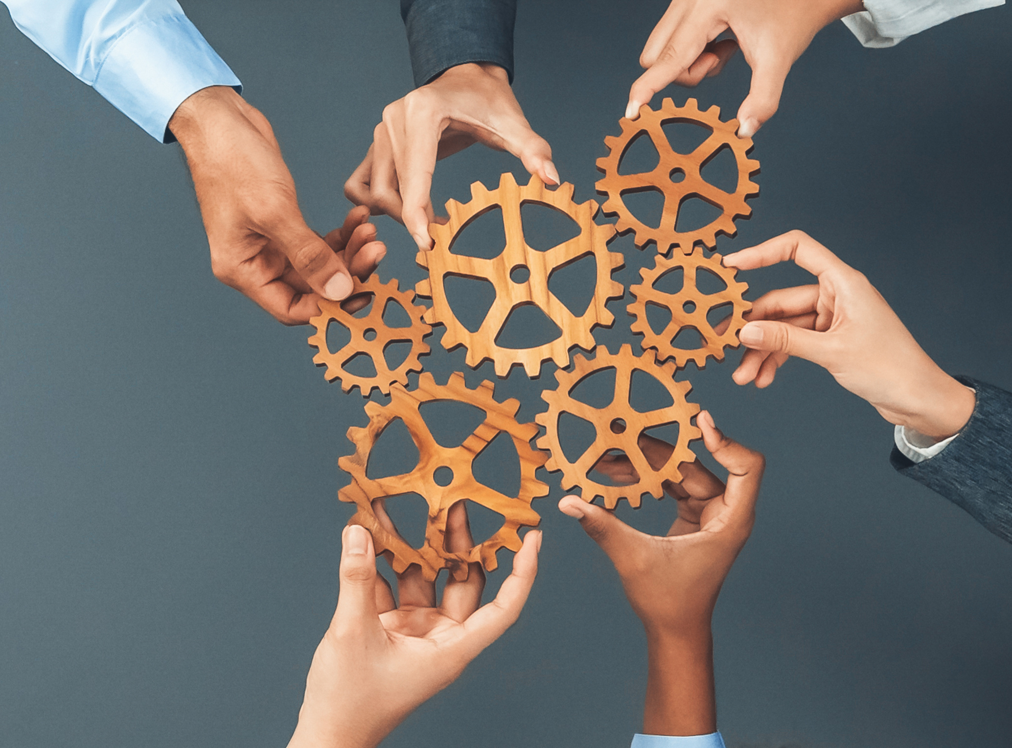 Hände verschiedenster Personen halten Holzzahnräder so aneinander, dass sie ein Ganzes ergeben, das sich drehen könnte.
